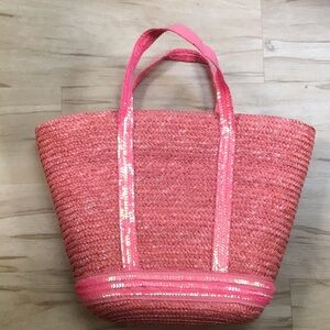 Coral Peach Pink Woven 100% Wheat Straw Tote Bag Sequin Handles & Trim Purse